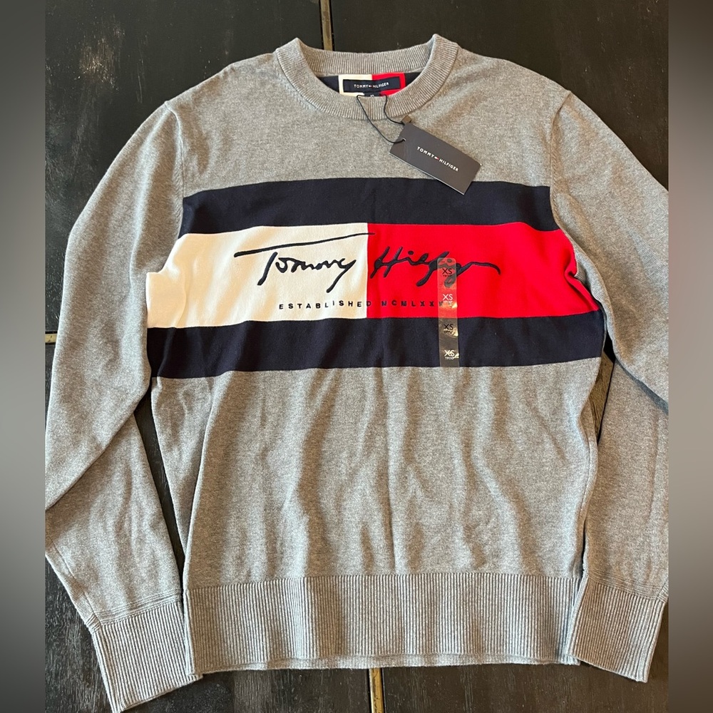 Tommy Hilfiger Grey Crewneck Sweater with Navy, White & Red Panel